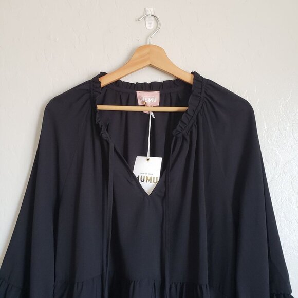 Show Me Your Mumu Viola Tiered Mini Dress Black Flounce Sleeve Women's Large NEW - Picture 3 of 11